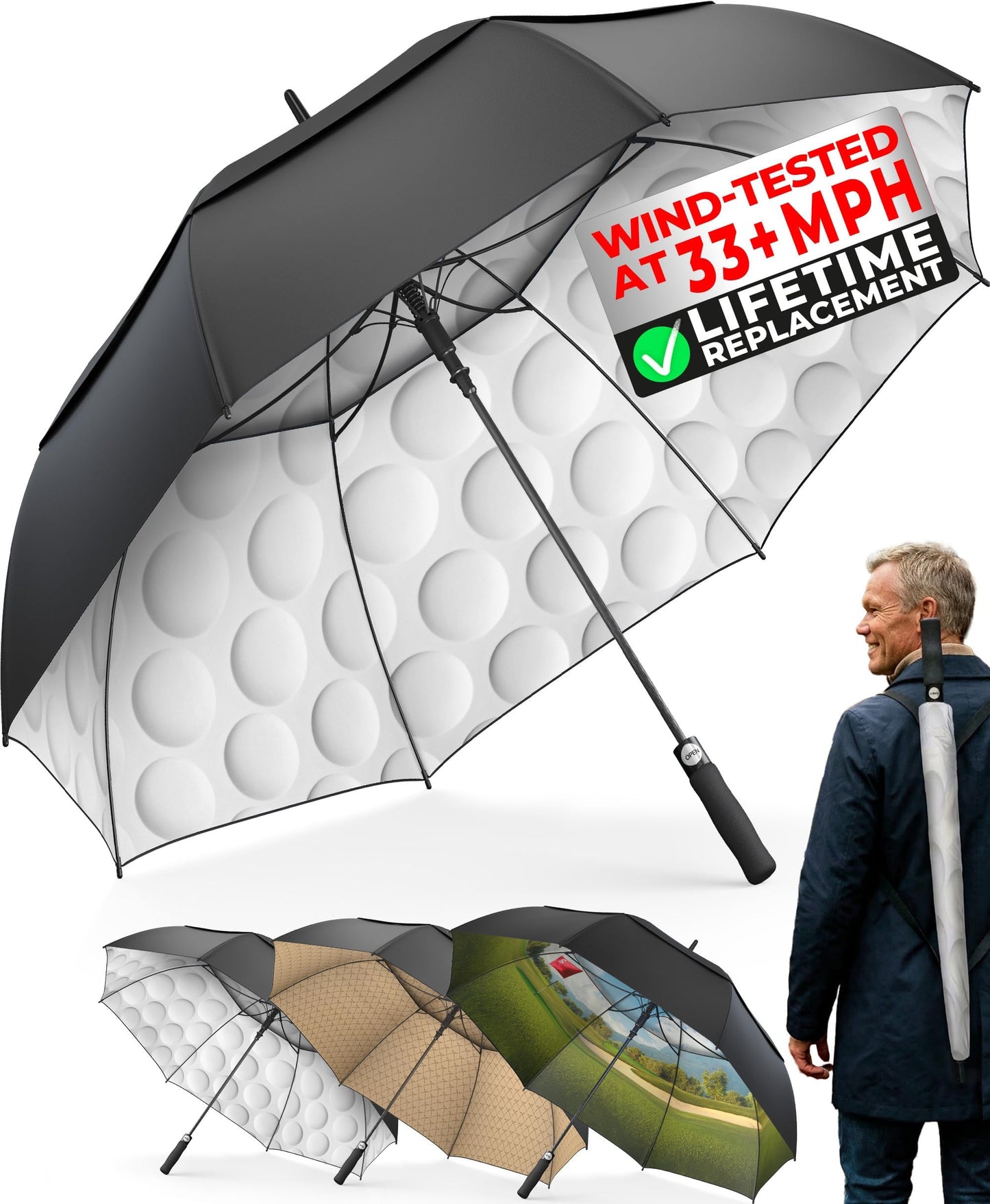 Tumella Golf Umbrella 62 Inch Windproof, Extra Large Auto Open, Double Canopy, Heavy Duty Rain Protection For Golf, Sports & Family Use, Wind Resistant & Tested 33+ Mph - Golf Ball