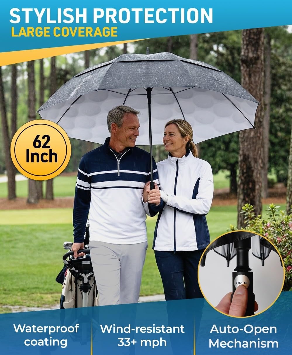 Tumella Golf Umbrella 62 Inch Windproof, Extra Large Auto Open, Double Canopy, Heavy Duty Rain Protection For Golf, Sports & Family Use, Wind Resistant & Tested 33+ Mph - Golf Ball