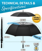 Tumella Golf Umbrella 62 Inch Windproof, Extra Large Auto Open, Double Canopy, Heavy Duty Rain Protection For Golf, Sports & Family Use, Wind Resistant & Tested 33+ Mph - Golf Ball