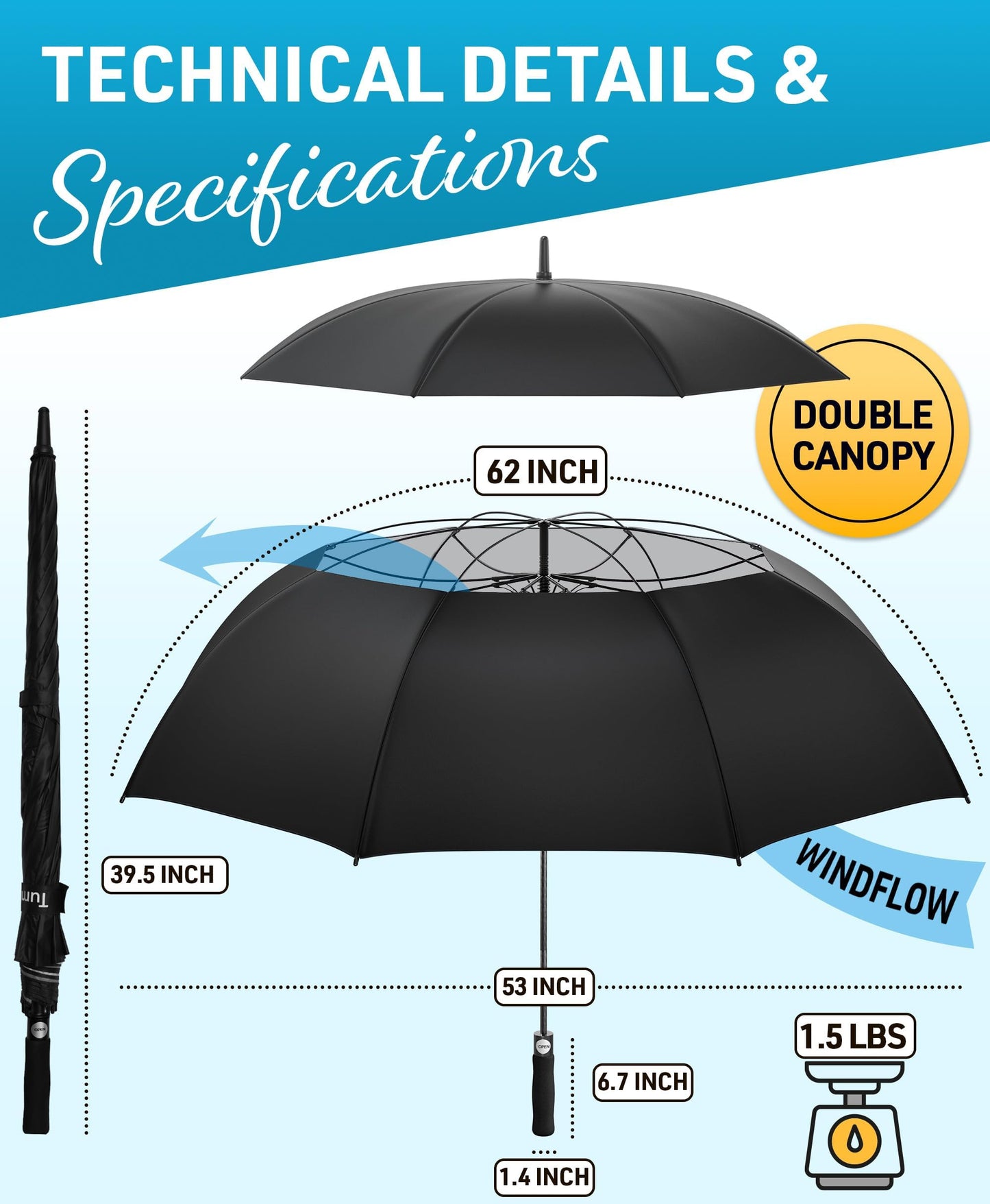 Tumella Golf Umbrella 62 Inch Windproof, Extra Large Auto Open, Double Canopy, Heavy Duty Rain Protection For Golf, Sports & Family Use, Wind Resistant & Tested 33+ Mph - Golf Ball