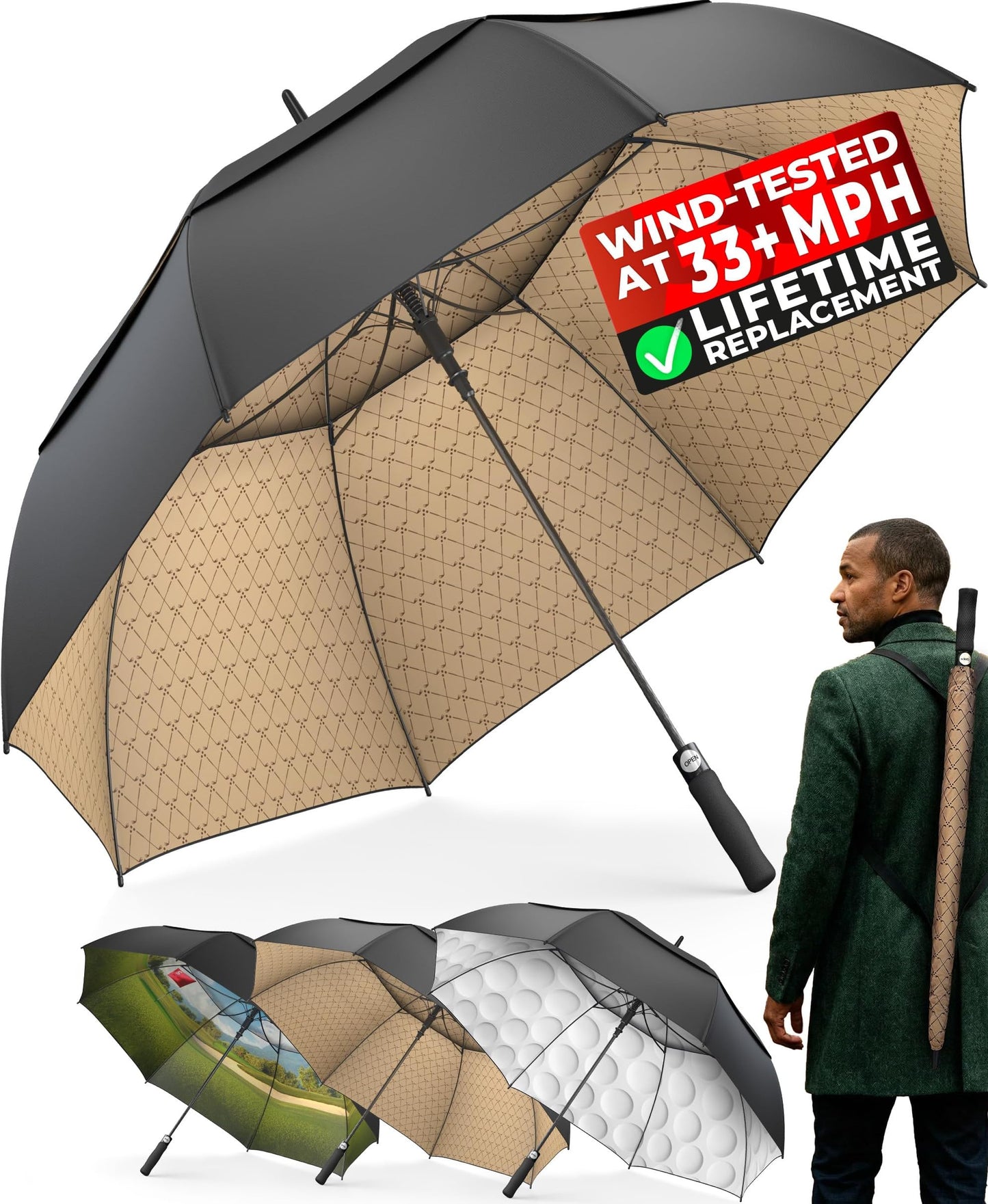 Tumella Golf Umbrella 62 Inch Windproof, Extra Large Auto Open, Double Canopy, Heavy Duty Rain Protection For Golf, Sports & Family Use, Wind Resistant & Tested 33+ Mph - Golf Club