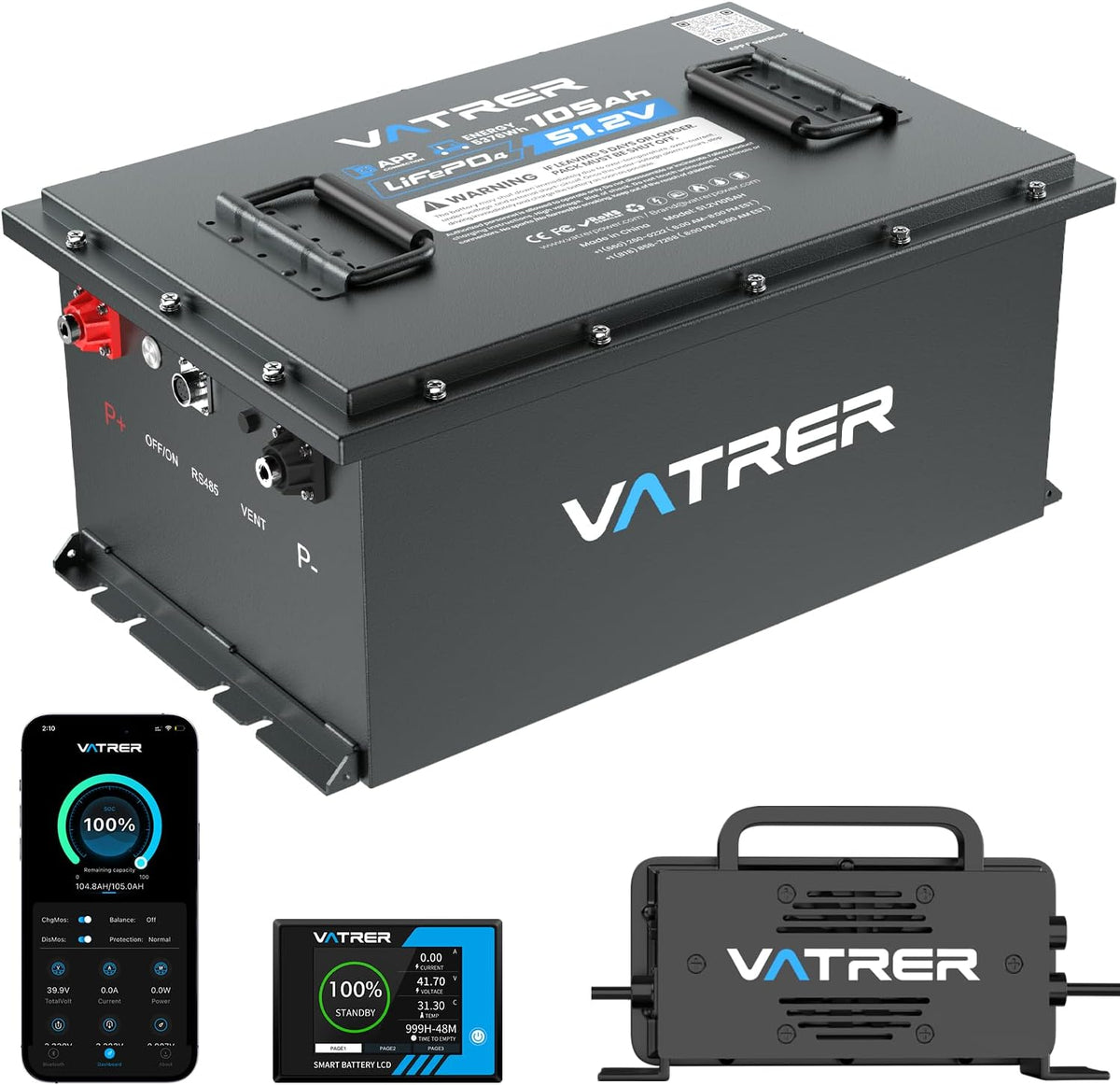 VATRER POWER 48V 105Ah LiFePO4 Golf Cart Battery with Smart 200A BMS & App