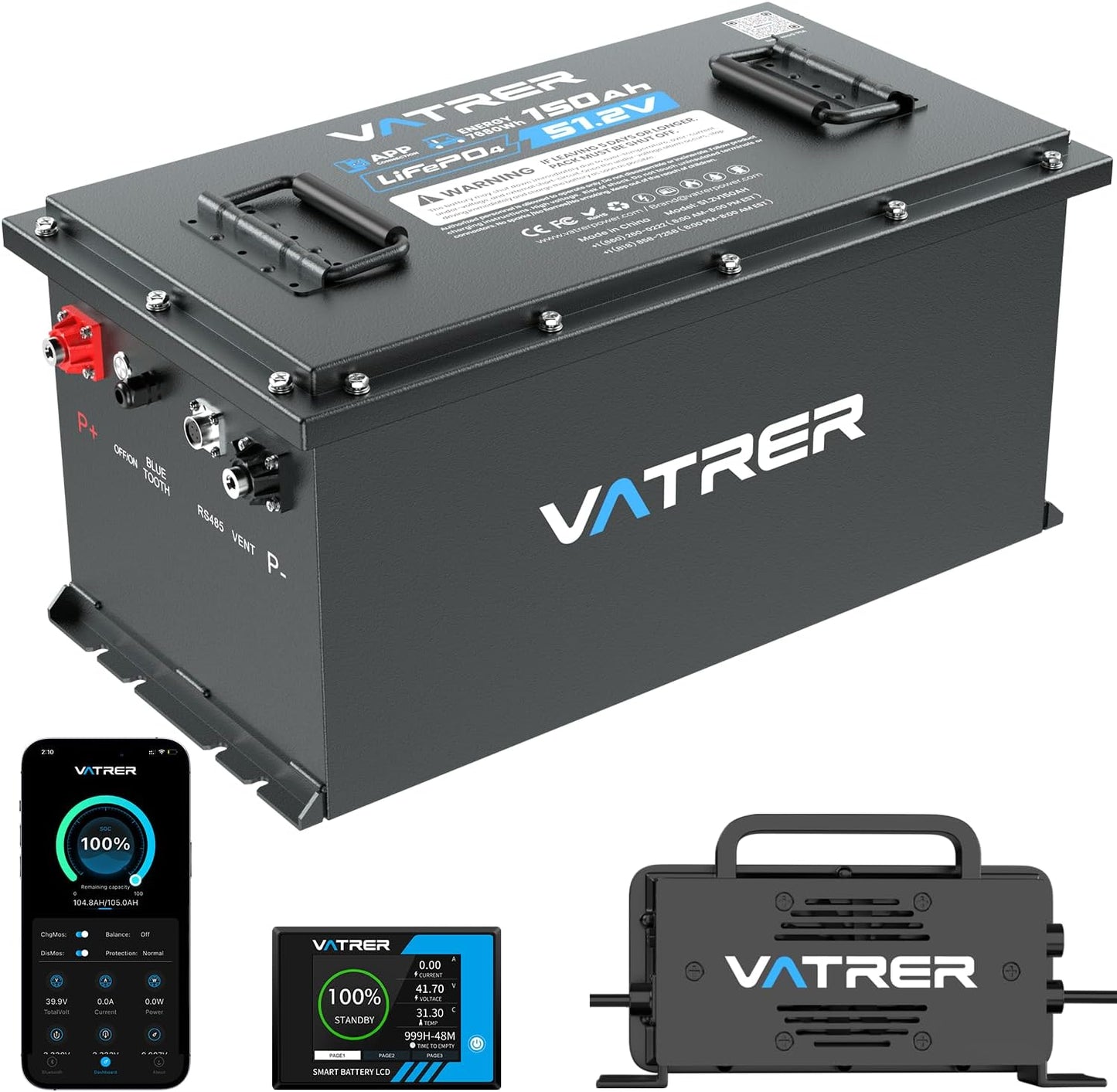 Vatrer Power 48v 150ah Lithium Golf Cart Battery, Built-In Smart 200a Bms, With Touch Monitor & Mobile App, 4000+ Cycles Rechargeable Lifepo4 Battery, Max 10.24kw Power Output, Perfect For Golf Carts - 48v (51.2v) 150ah