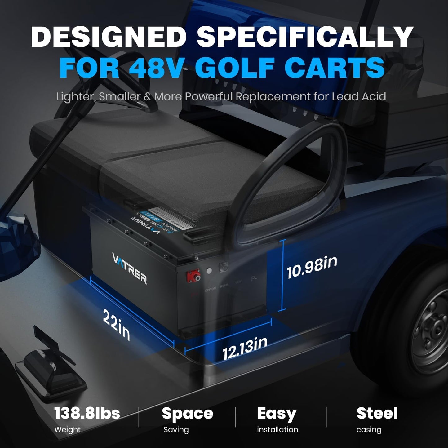 Vatrer Power 48v 150ah Lithium Golf Cart Battery, Built-In Smart 200a Bms, With Touch Monitor & Mobile App, 4000+ Cycles Rechargeable Lifepo4 Battery, Max 10.24kw Power Output, Perfect For Golf Carts - 48v (51.2v) 150ah