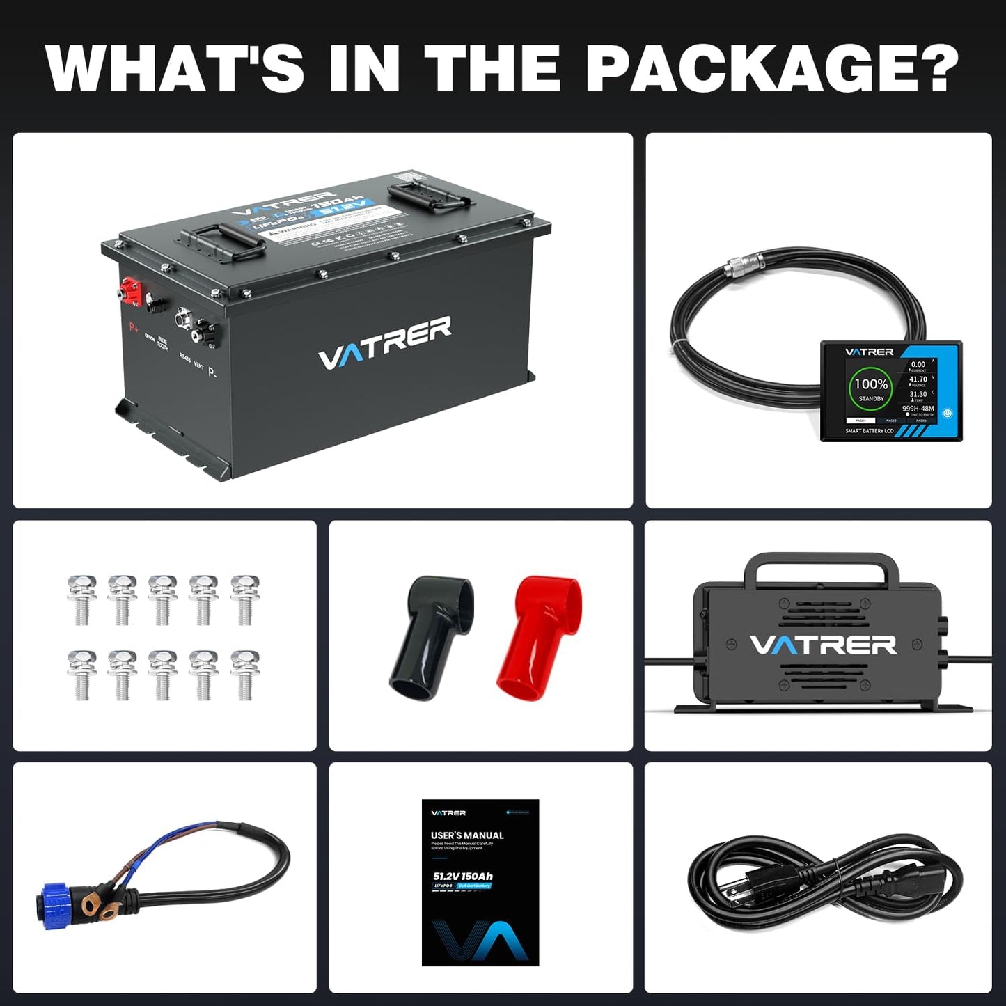 Vatrer Power 48v 150ah Lithium Golf Cart Battery, Built-In Smart 200a Bms, With Touch Monitor & Mobile App, 4000+ Cycles Rechargeable Lifepo4 Battery, Max 10.24kw Power Output, Perfect For Golf Carts - 48v (51.2v) 150ah