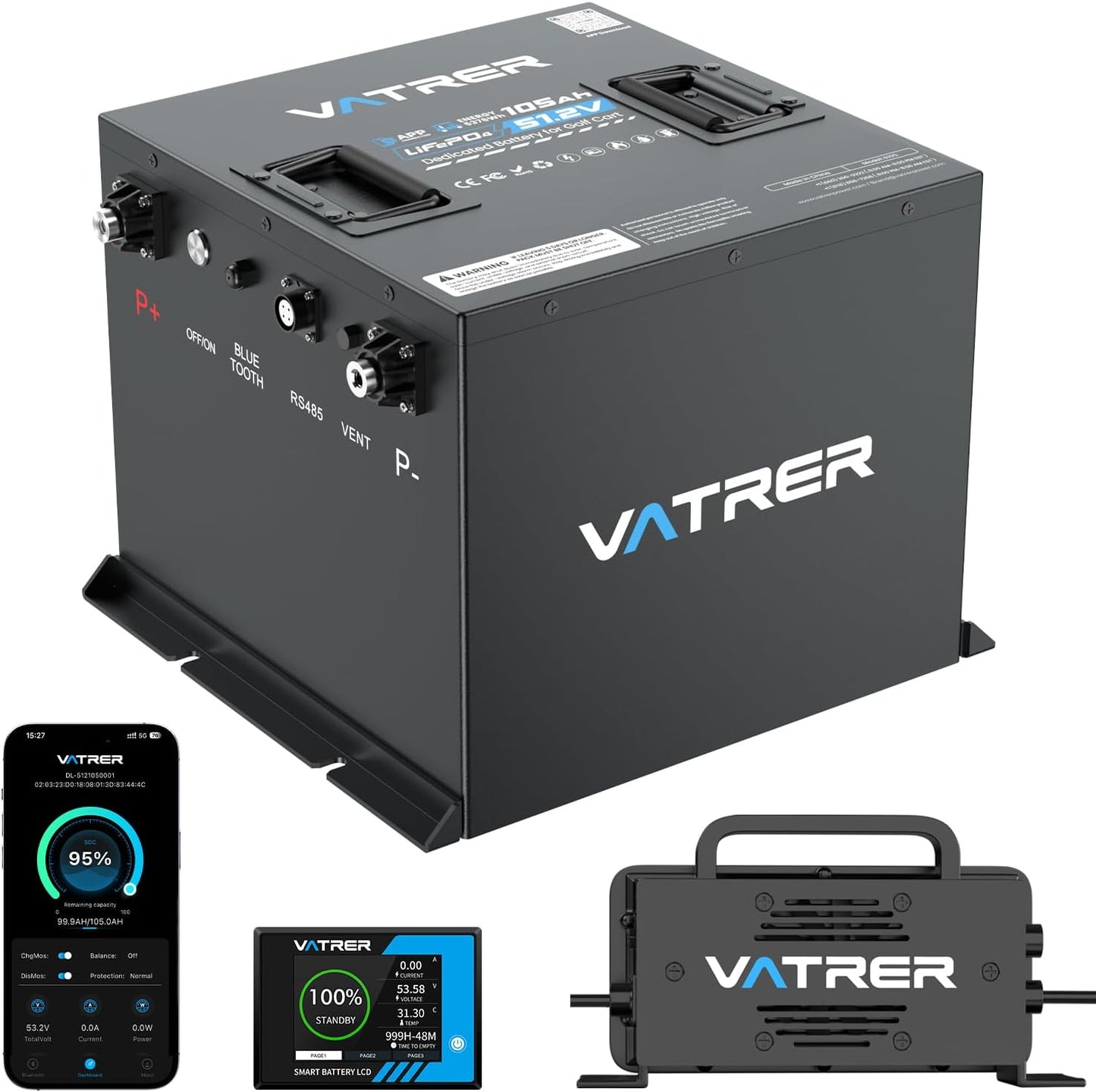 Vatrer Power 48v 150ah Lithium Golf Cart Battery, Built-In Smart 200a Bms, With Touch Monitor & Mobile App, 4000+ Cycles Rechargeable Lifepo4 Battery, Max 10.24kw Power Output, Perfect For Golf Carts - 48v (51.2v) 105ah Mini