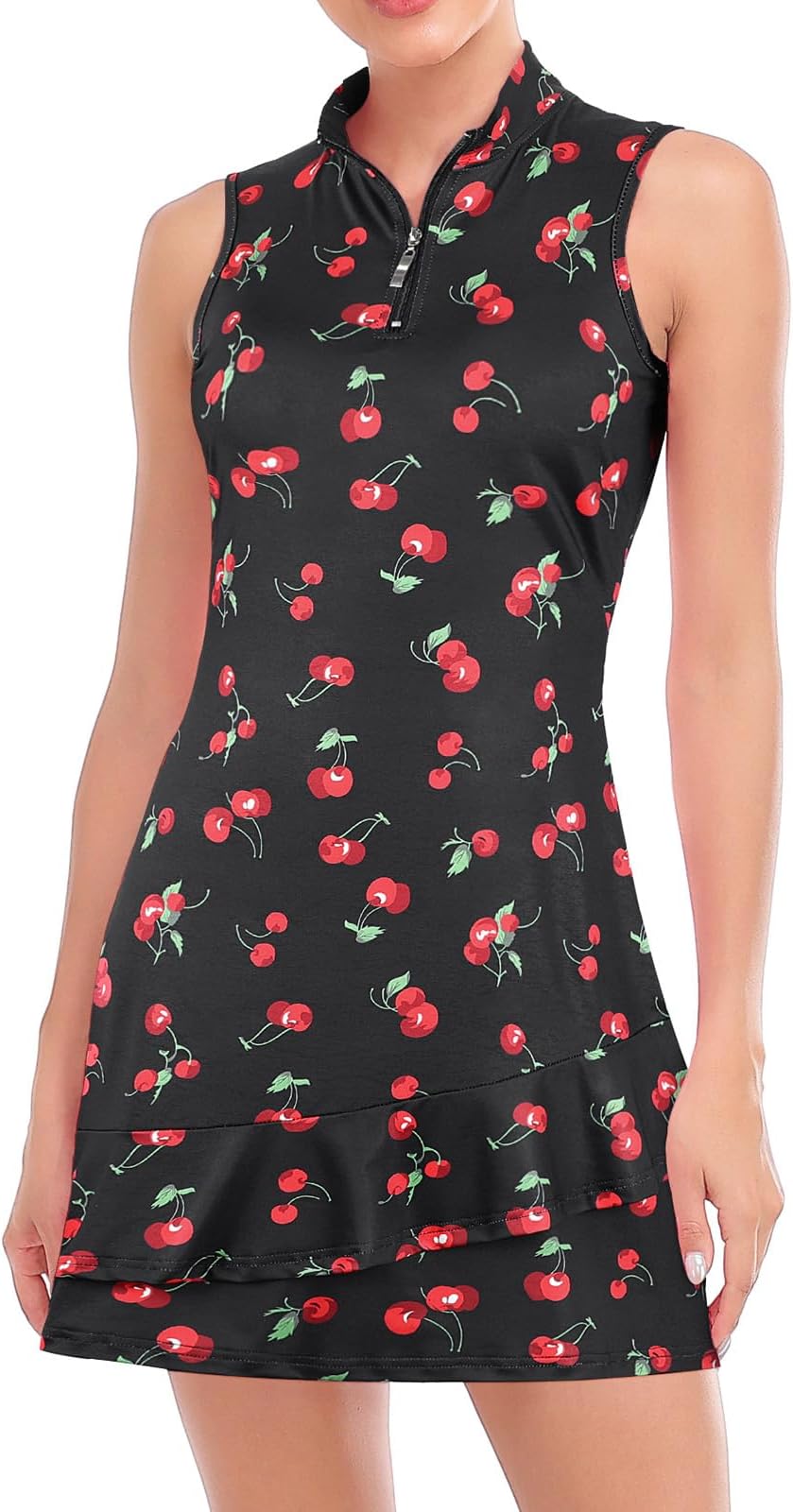 Viracy Tennis Dress For Women Sleeveless Golf Dresses With Shorts And Pockets Ruffle Zip Up Stand Collar Golf Outfits - Cherry-A