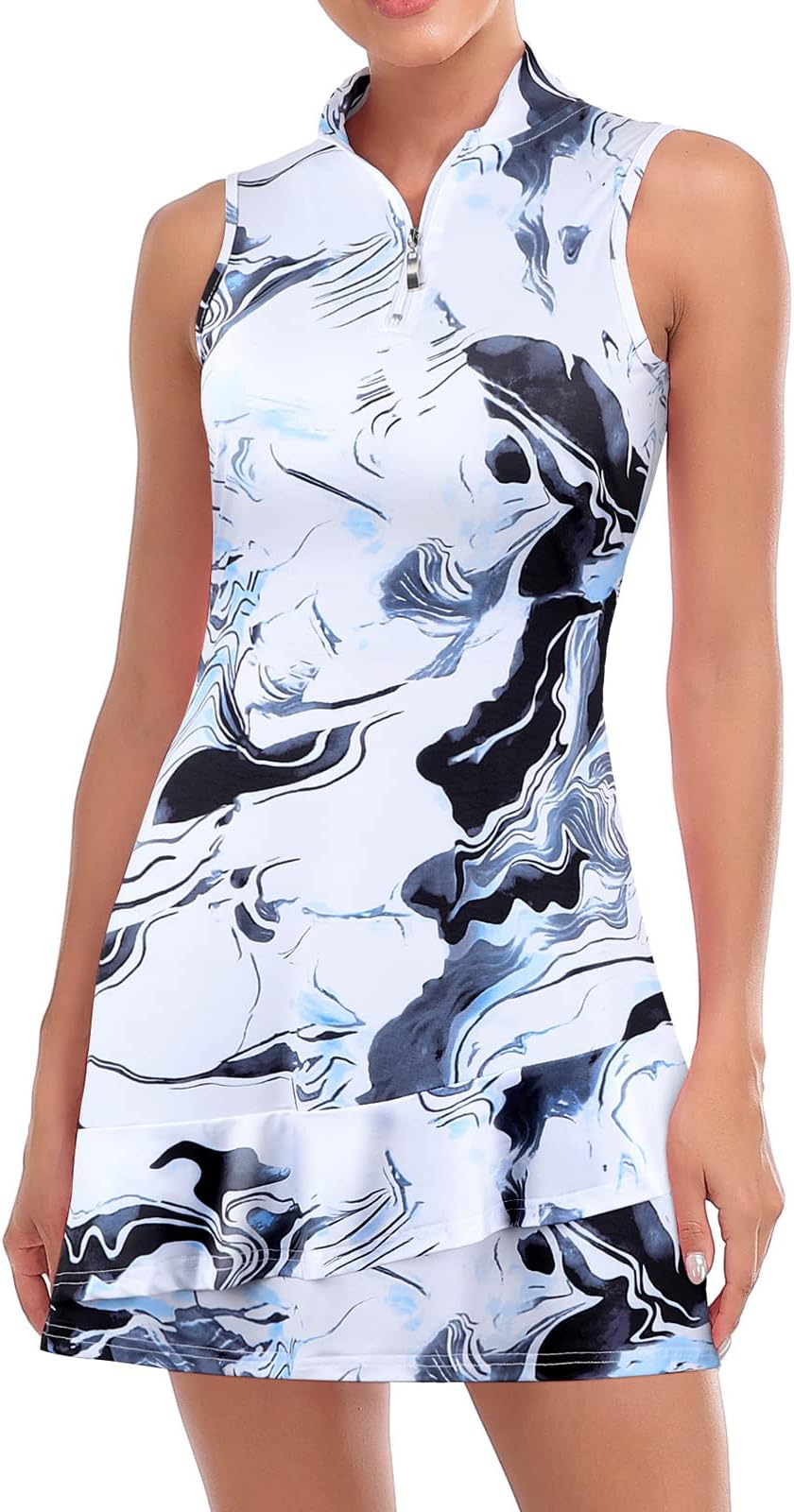 Viracy Tennis Dress For Women Sleeveless Golf Dresses With Shorts And Pockets Ruffle Zip Up Stand Collar Golf Outfits - Ink-Wash Painting
