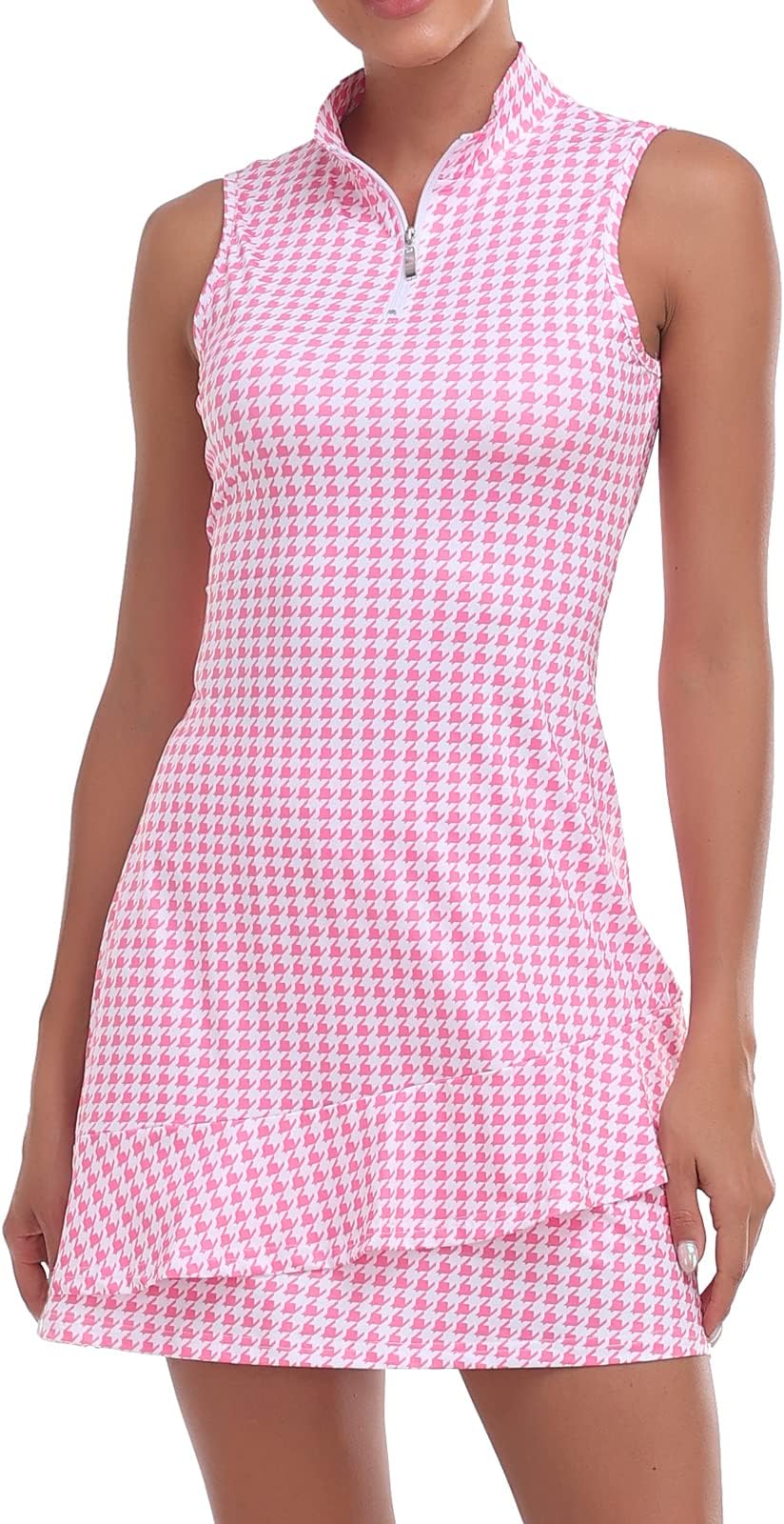 Viracy Tennis Dress For Women Sleeveless Golf Dresses With Shorts And Pockets Ruffle Zip Up Stand Collar Golf Outfits - Pink Houndstooth