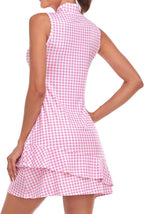 Viracy Tennis Dress For Women Sleeveless Golf Dresses With Shorts And Pockets Ruffle Zip Up Stand Collar Golf Outfits - Pink Houndstooth