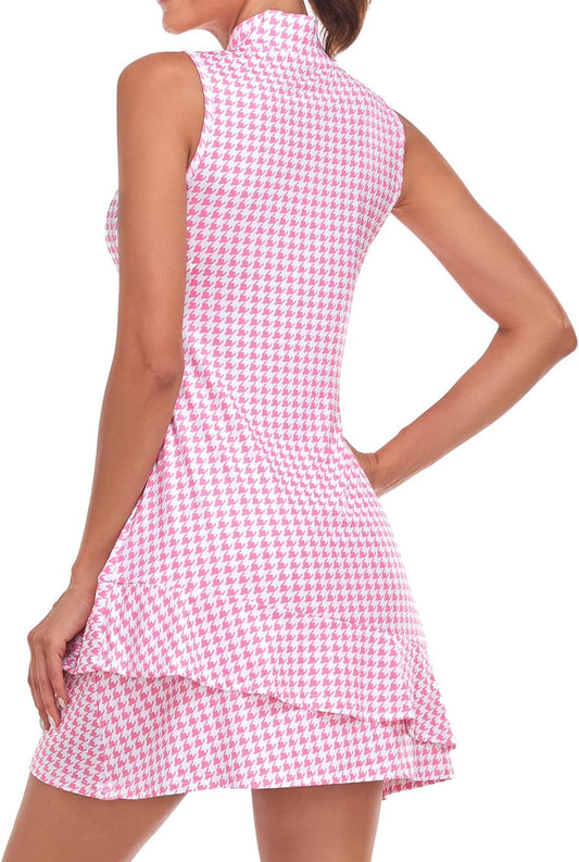 Viracy Tennis Dress For Women Sleeveless Golf Dresses With Shorts And Pockets Ruffle Zip Up Stand Collar Golf Outfits - Pink Houndstooth