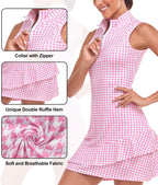 Viracy Tennis Dress For Women Sleeveless Golf Dresses With Shorts And Pockets Ruffle Zip Up Stand Collar Golf Outfits - Pink Houndstooth