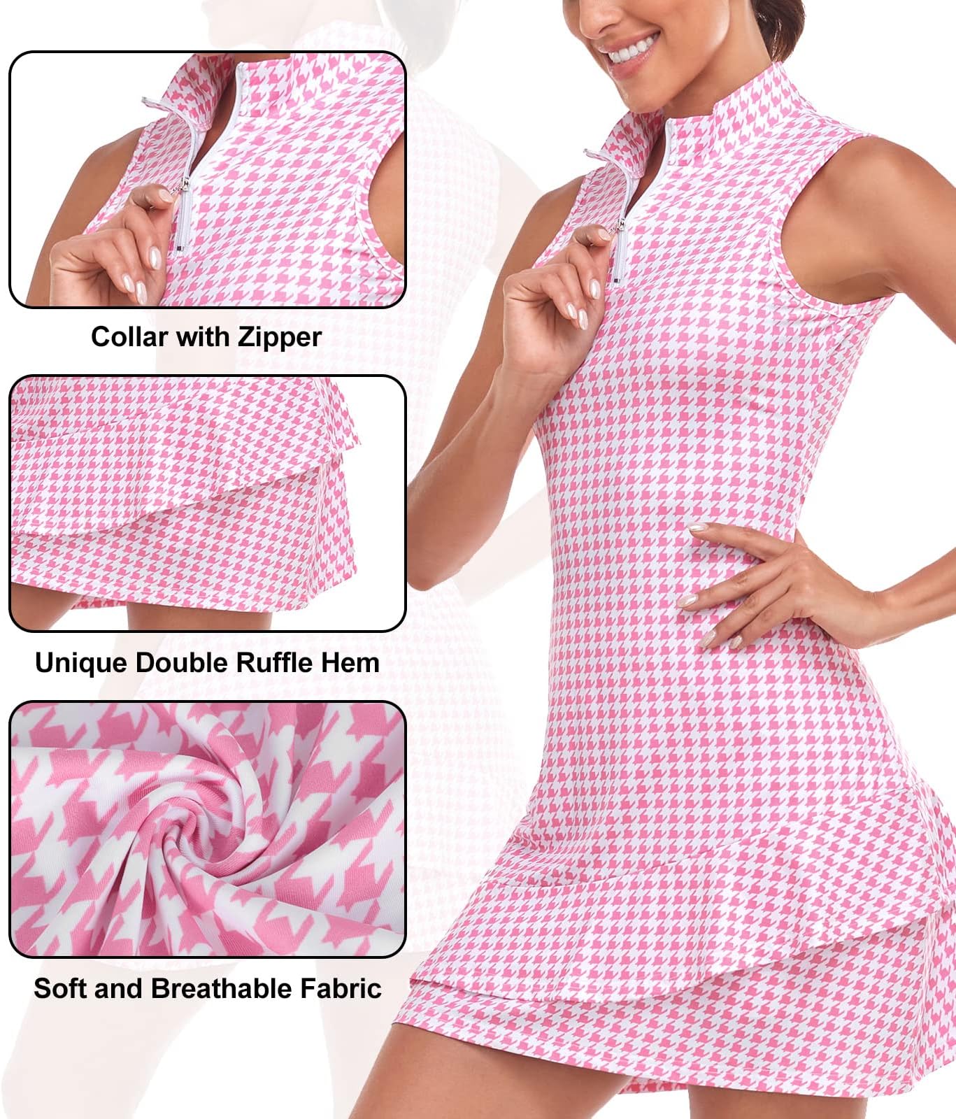 Viracy Tennis Dress For Women Sleeveless Golf Dresses With Shorts And Pockets Ruffle Zip Up Stand Collar Golf Outfits - Pink Houndstooth