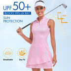 Viracy Tennis Dress For Women Sleeveless Golf Dresses With Shorts And Pockets Ruffle Zip Up Stand Collar Golf Outfits - Pink Houndstooth