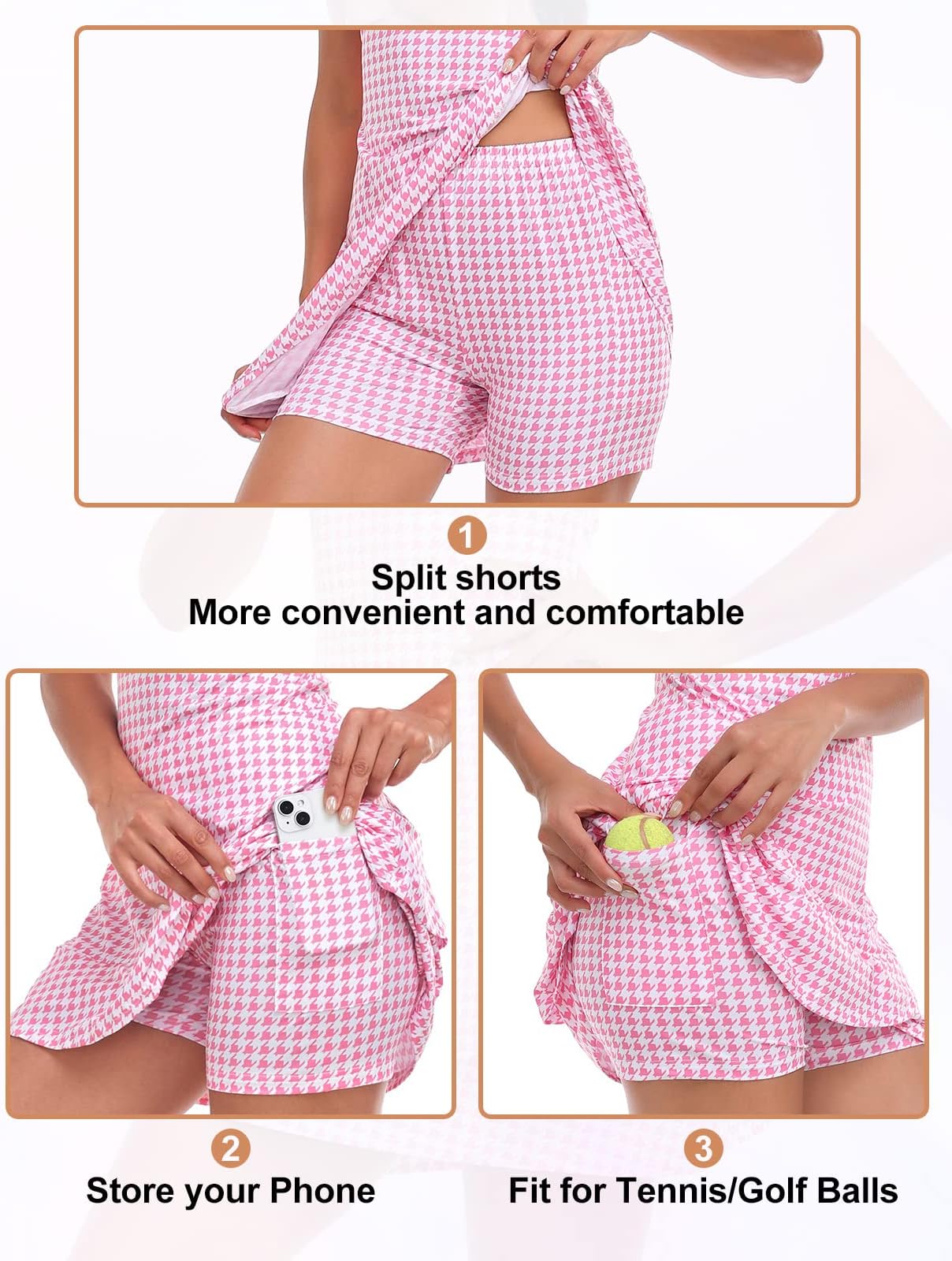 Viracy Tennis Dress For Women Sleeveless Golf Dresses With Shorts And Pockets Ruffle Zip Up Stand Collar Golf Outfits - Pink Houndstooth