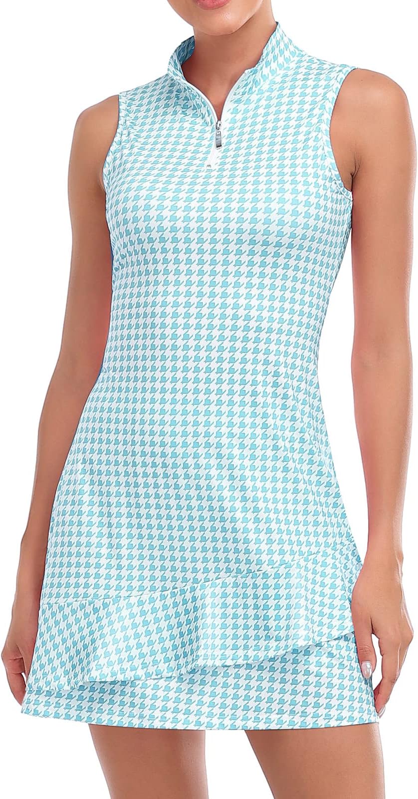 Viracy Tennis Dress For Women Sleeveless Golf Dresses With Shorts And Pockets Ruffle Zip Up Stand Collar Golf Outfits - Blue Houndstooth