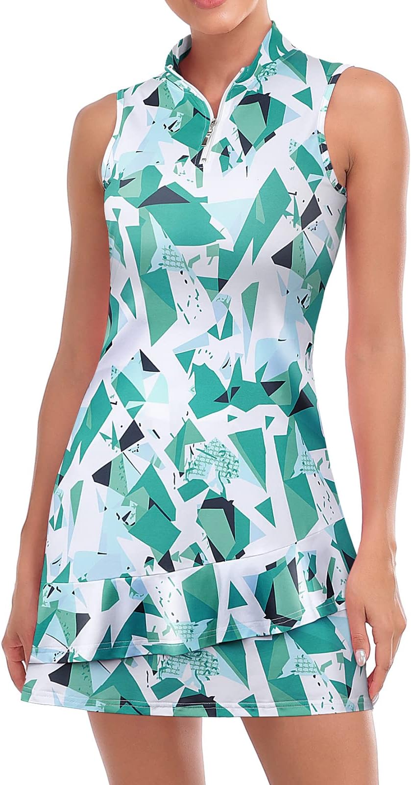 Viracy Tennis Dress For Women Sleeveless Golf Dresses With Shorts And Pockets Ruffle Zip Up Stand Collar Golf Outfits - Green Geometry