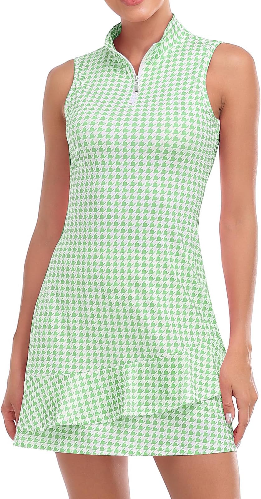 Viracy Tennis Dress For Women Sleeveless Golf Dresses With Shorts And Pockets Ruffle Zip Up Stand Collar Golf Outfits - H-Green Houndstooth