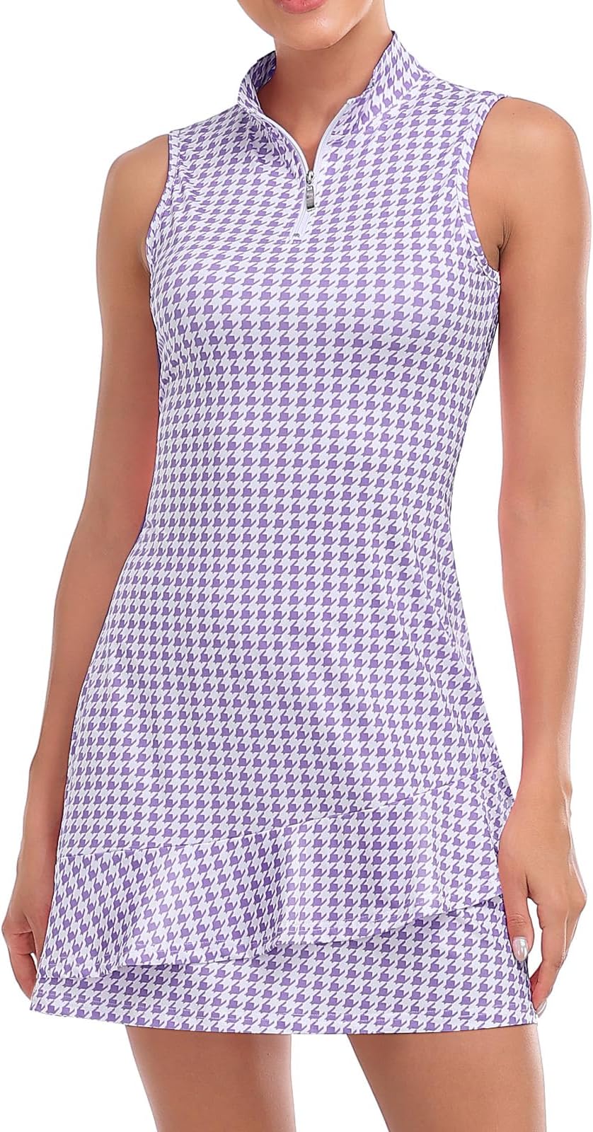 Viracy Tennis Dress For Women Sleeveless Golf Dresses With Shorts And Pockets Ruffle Zip Up Stand Collar Golf Outfits - H-Purple Houndstooth