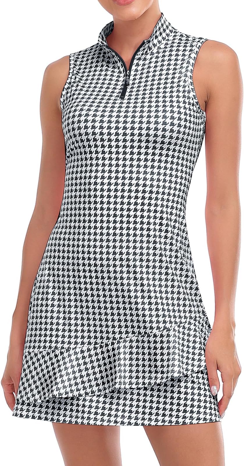 Viracy Tennis Dress For Women Sleeveless Golf Dresses With Shorts And Pockets Ruffle Zip Up Stand Collar Golf Outfits - H-Black Houndstooth