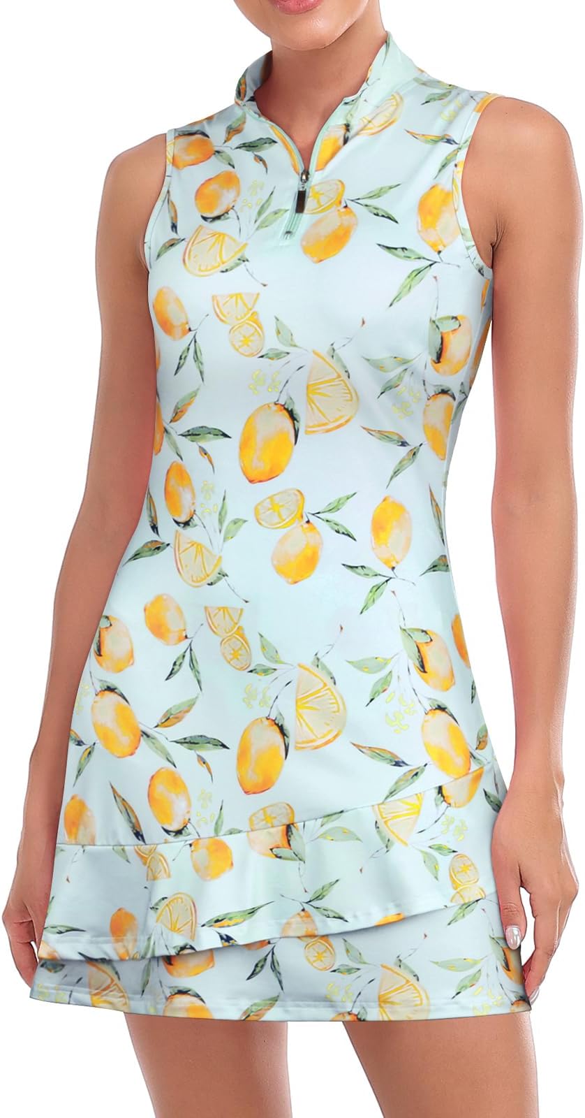 Viracy Tennis Dress For Women Sleeveless Golf Dresses With Shorts And Pockets Ruffle Zip Up Stand Collar Golf Outfits - Lemons