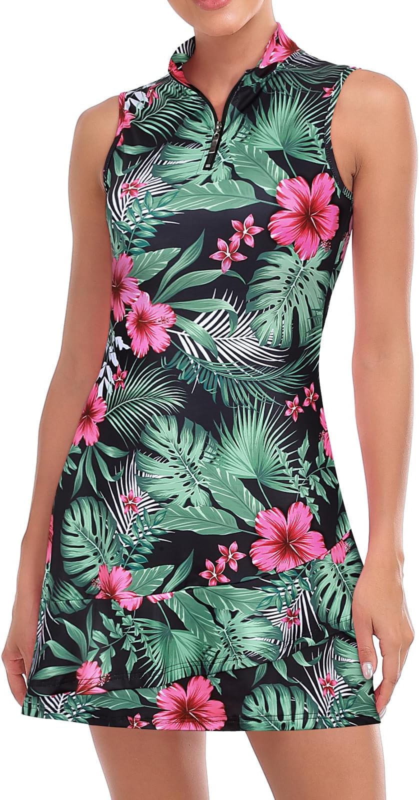Viracy Tennis Dress For Women Sleeveless Golf Dresses With Shorts And Pockets Ruffle Zip Up Stand Collar Golf Outfits - Jungle Flowers