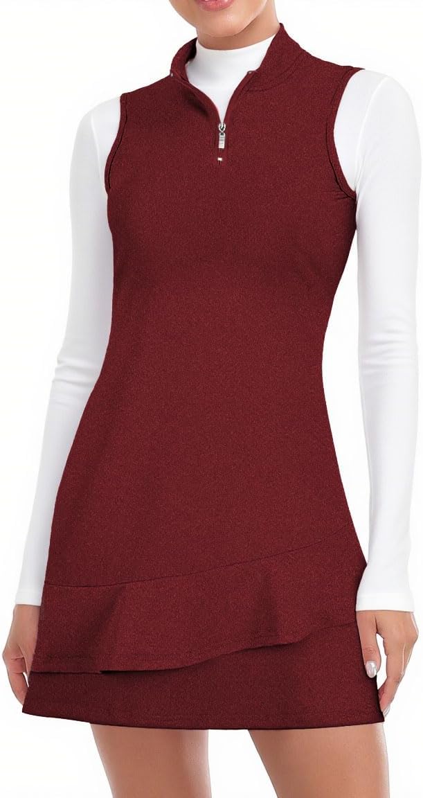 Viracy Tennis Dress For Women Sleeveless Golf Dresses With Shorts And Pockets Ruffle Zip Up Stand Collar Golf Outfits - Thickening-Dark Red