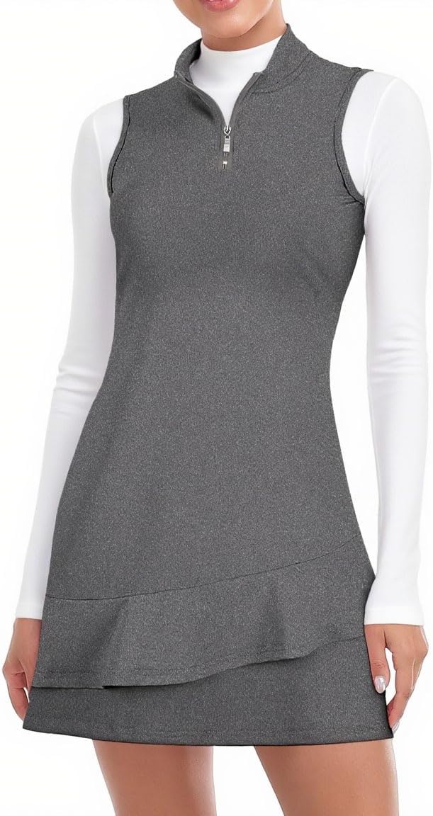 Viracy Tennis Dress For Women Sleeveless Golf Dresses With Shorts And Pockets Ruffle Zip Up Stand Collar Golf Outfits - Thickening-Dark Grey
