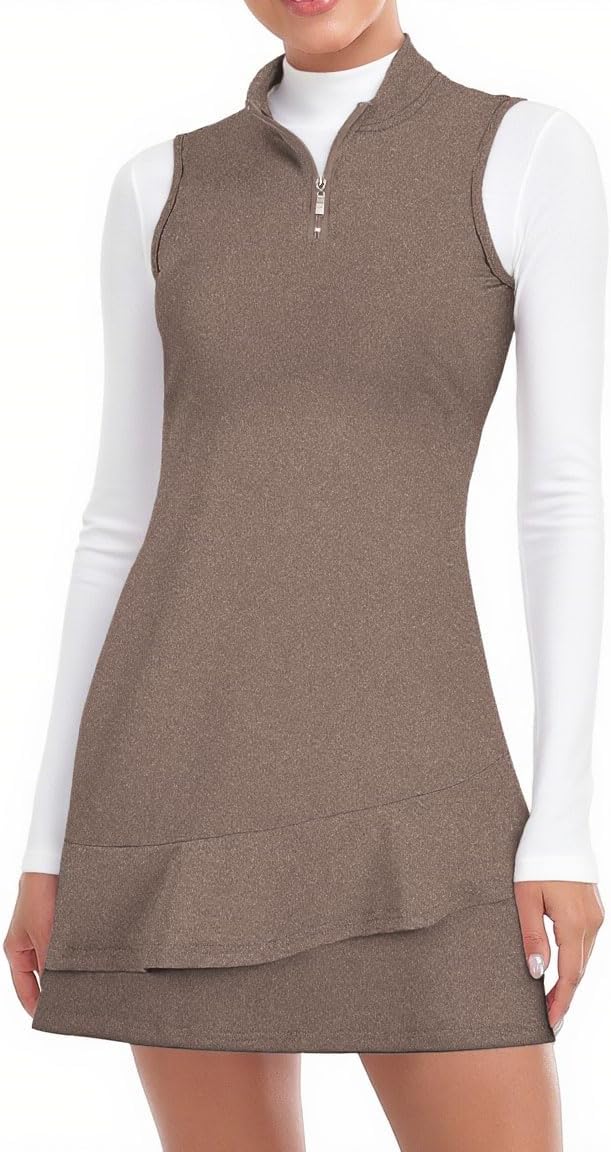 Viracy Tennis Dress For Women Sleeveless Golf Dresses With Shorts And Pockets Ruffle Zip Up Stand Collar Golf Outfits - Thickening-Apricot