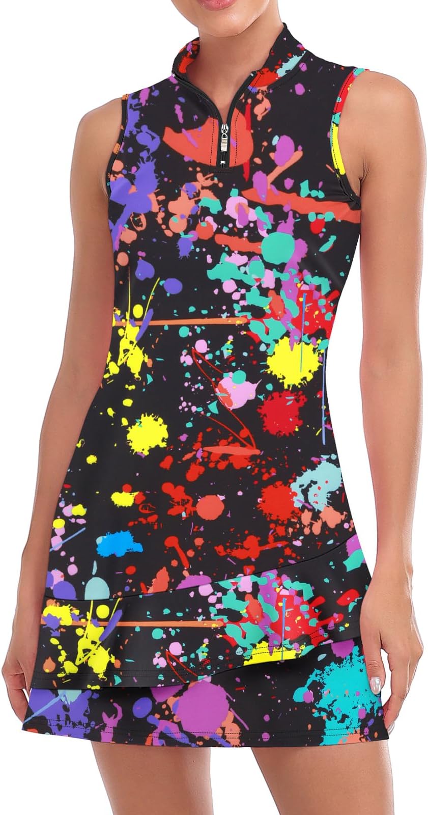 Viracy Tennis Dress For Women Sleeveless Golf Dresses With Shorts And Pockets Ruffle Zip Up Stand Collar Golf Outfits - Color Splashed Ink