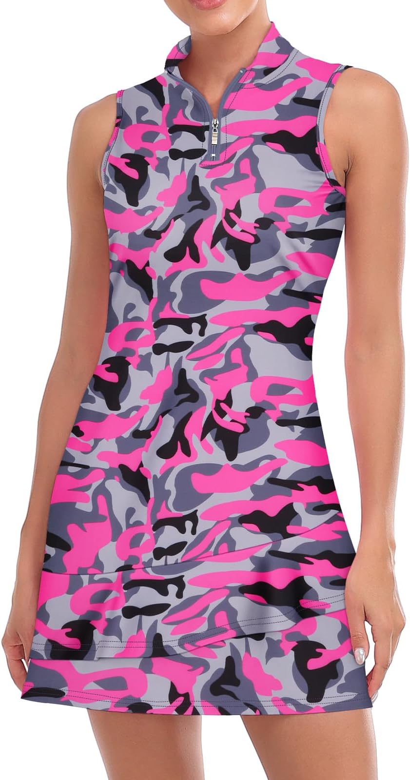 Viracy Tennis Dress For Women Sleeveless Golf Dresses With Shorts And Pockets Ruffle Zip Up Stand Collar Golf Outfits - Pink Camouflage