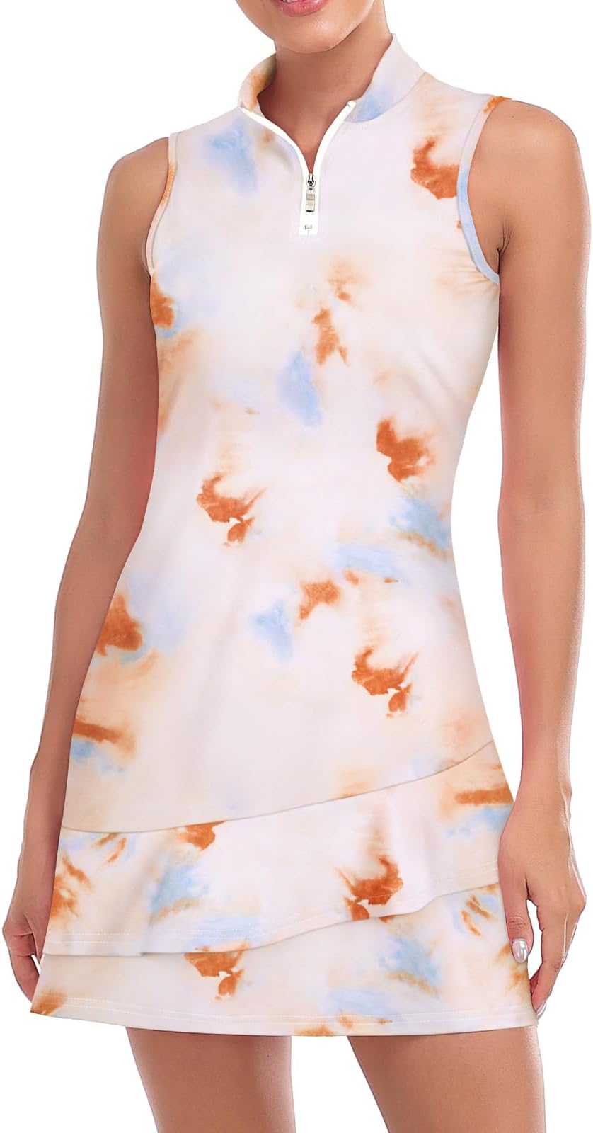 Viracy Tennis Dress For Women Sleeveless Golf Dresses With Shorts And Pockets Ruffle Zip Up Stand Collar Golf Outfits - Brown Tie Dye
