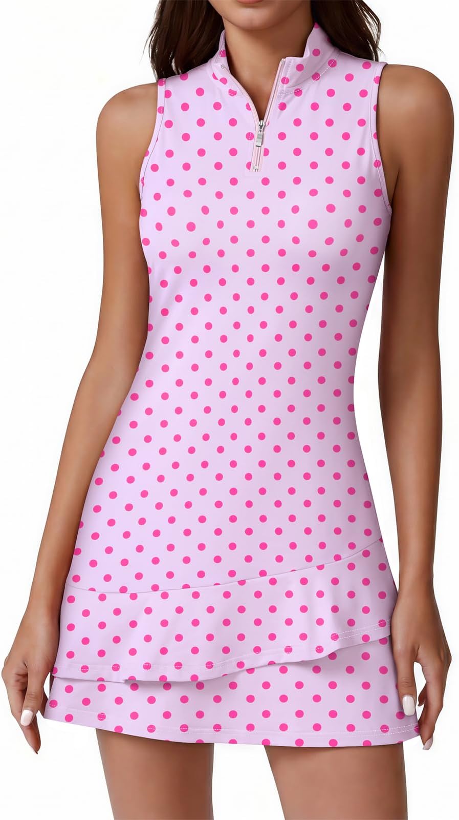 Viracy Tennis Dress For Women Sleeveless Golf Dresses With Shorts And Pockets Ruffle Zip Up Stand Collar Golf Outfits - Pink Dots