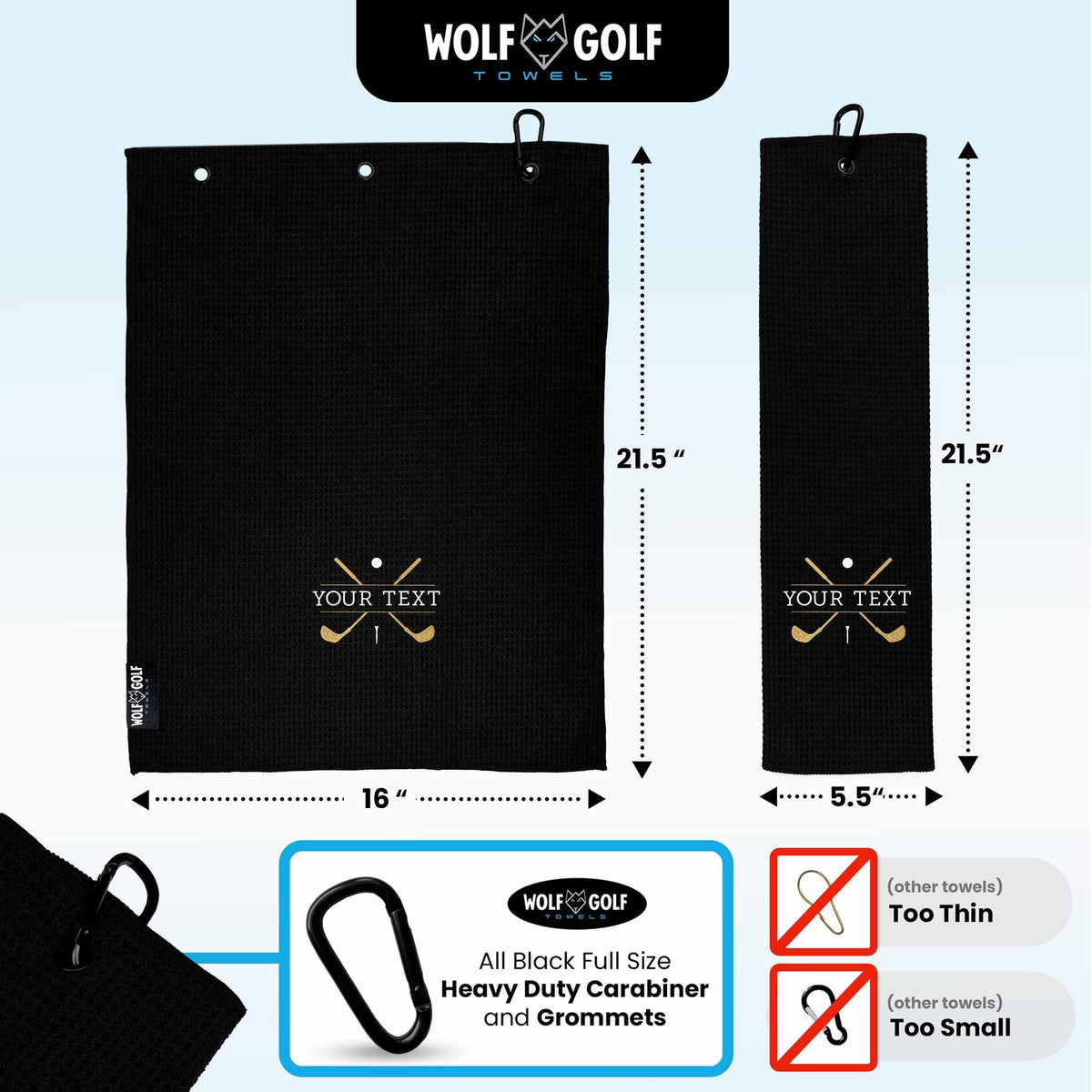 Wolf Golf Towels Custom Golf Towel | Personalized Golf Accessories For Men & Women | Add Your Text With Choice Of Font And Thread Color - Black - Gold Clubs