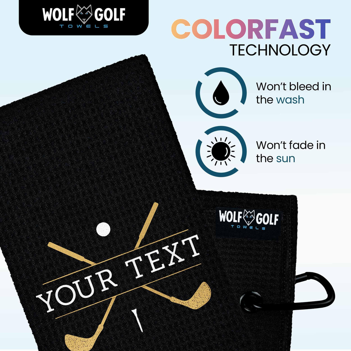 Wolf Golf Towels Custom Golf Towel | Personalized Golf Accessories For Men & Women | Add Your Text With Choice Of Font And Thread Color - Black - Gold Clubs