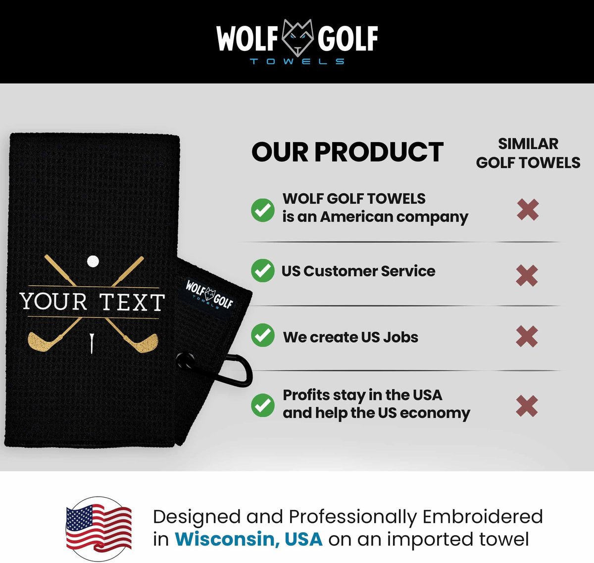 Wolf Golf Towels Custom Golf Towel | Personalized Golf Accessories For Men & Women | Add Your Text With Choice Of Font And Thread Color - Black - Gold Clubs