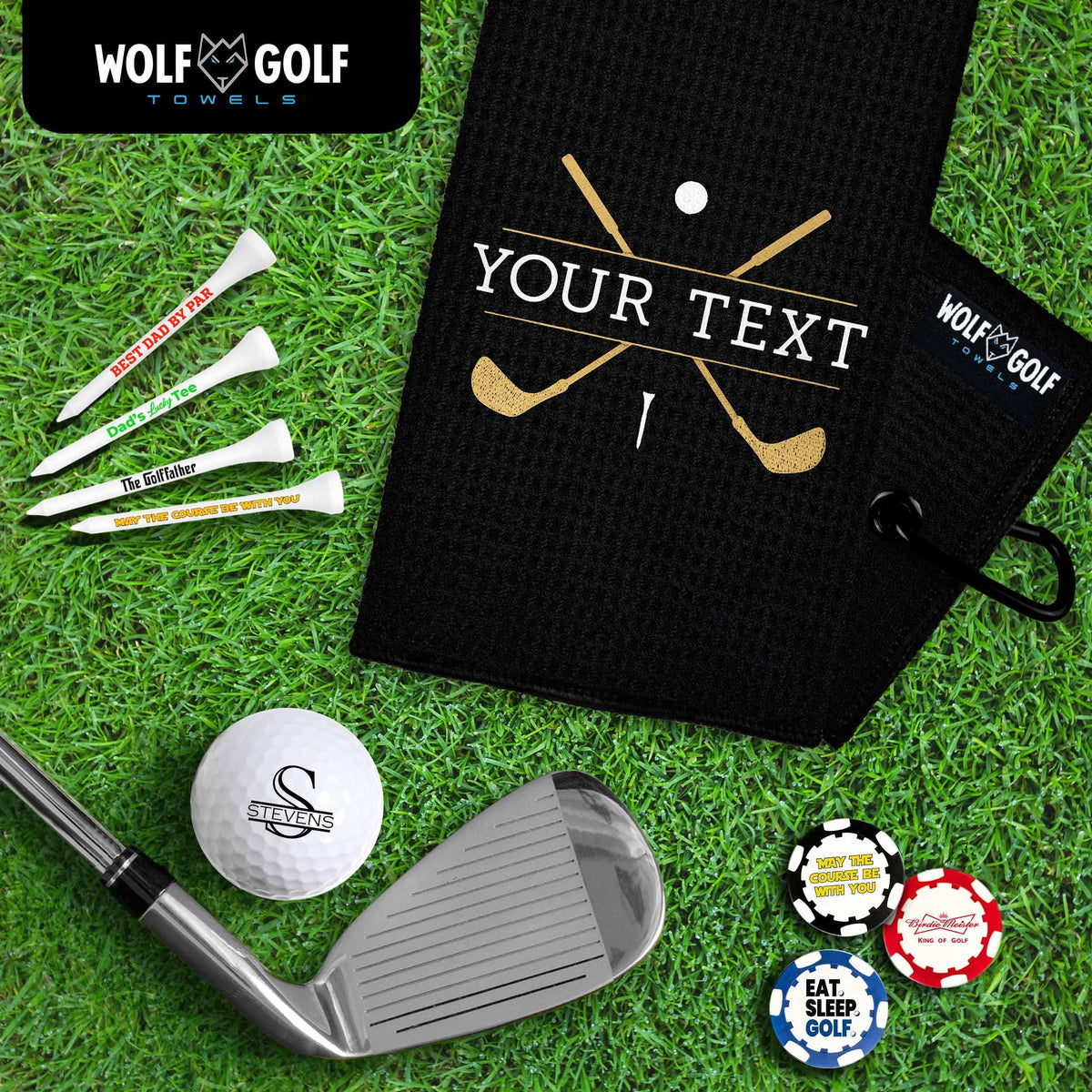 Wolf Golf Towels Custom Golf Towel | Personalized Golf Accessories For Men & Women | Add Your Text With Choice Of Font And Thread Color - Black - Gold Clubs