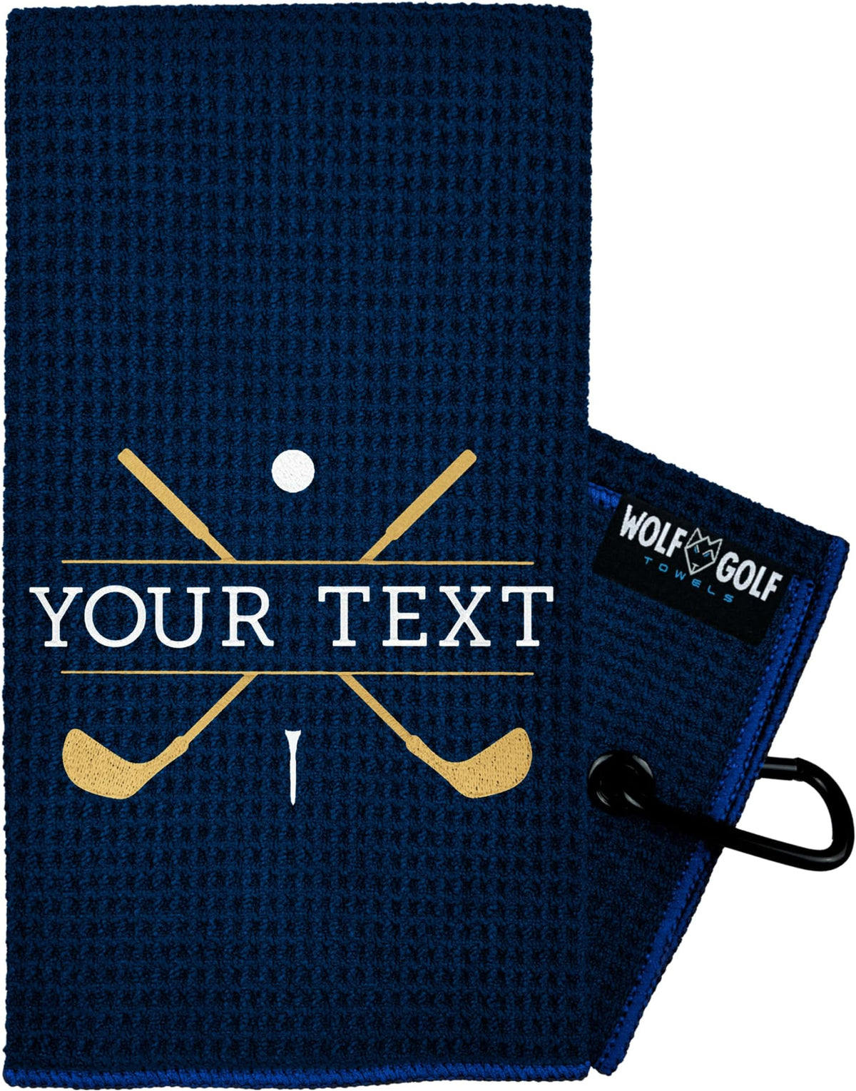 Wolf Golf Towels Custom Golf Towel | Personalized Golf Accessories For Men & Women | Add Your Text With Choice Of Font And Thread Color - Navy - Gold Clubs