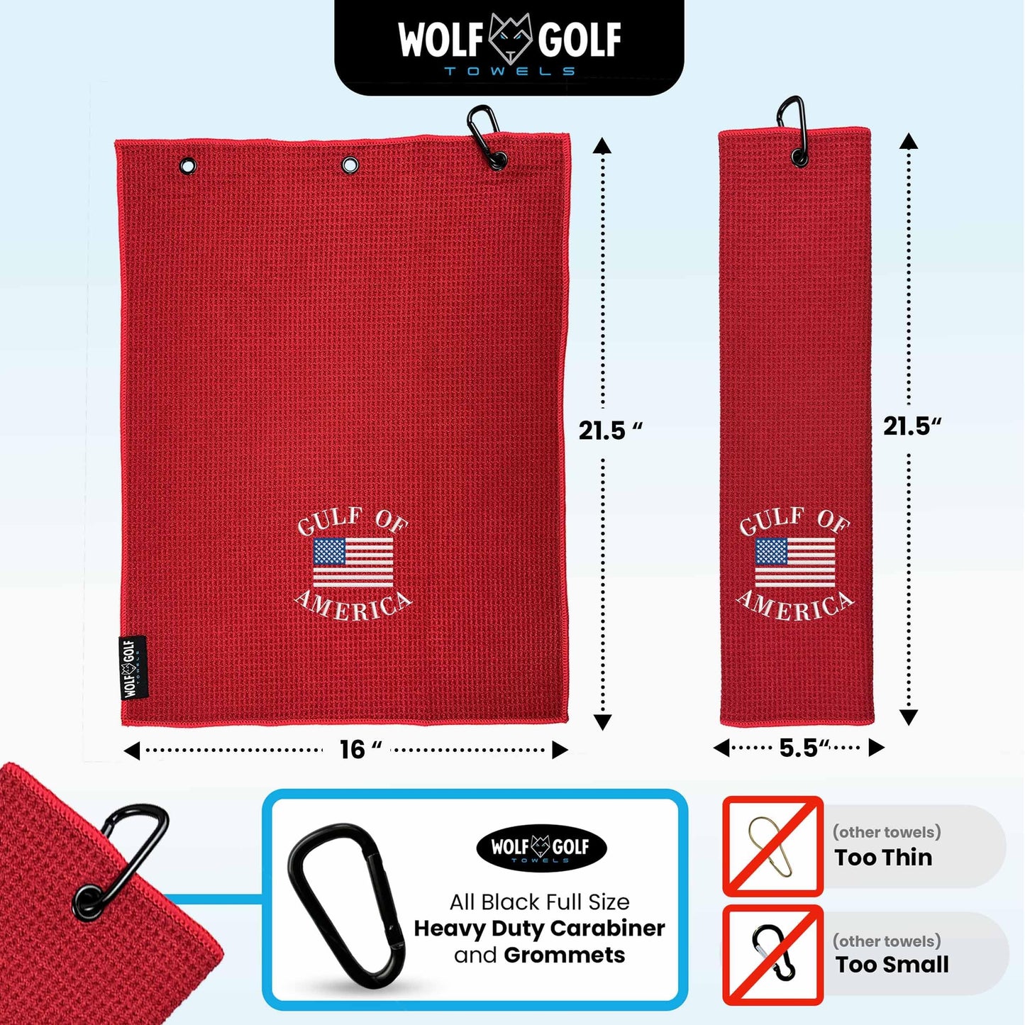 Wolf Golf Towels Gulf Of America Golf Towel | Embroidered Microfiber Funny Golf Accessories | Red Gulf Of America Towel - Gulf Of America - Red Towel