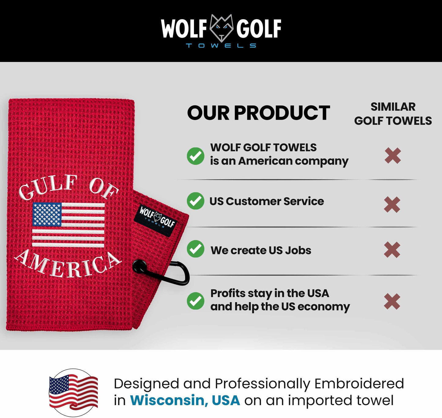 Wolf Golf Towels Gulf Of America Golf Towel | Embroidered Microfiber Funny Golf Accessories | Red Gulf Of America Towel - Gulf Of America - Red Towel