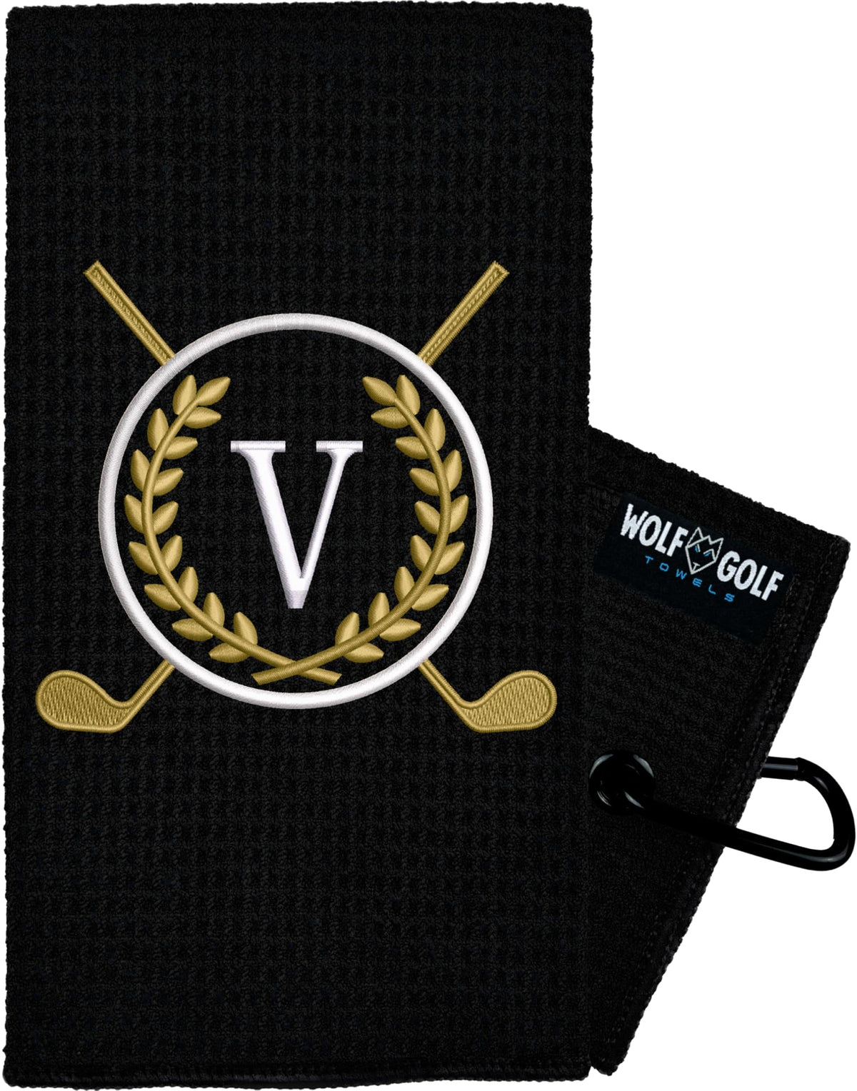 Wolf Golf Towels Monogrammed Personalized Golf Towel | Custom Golf Towels For Golf Bags For Men Or Women - V - Black