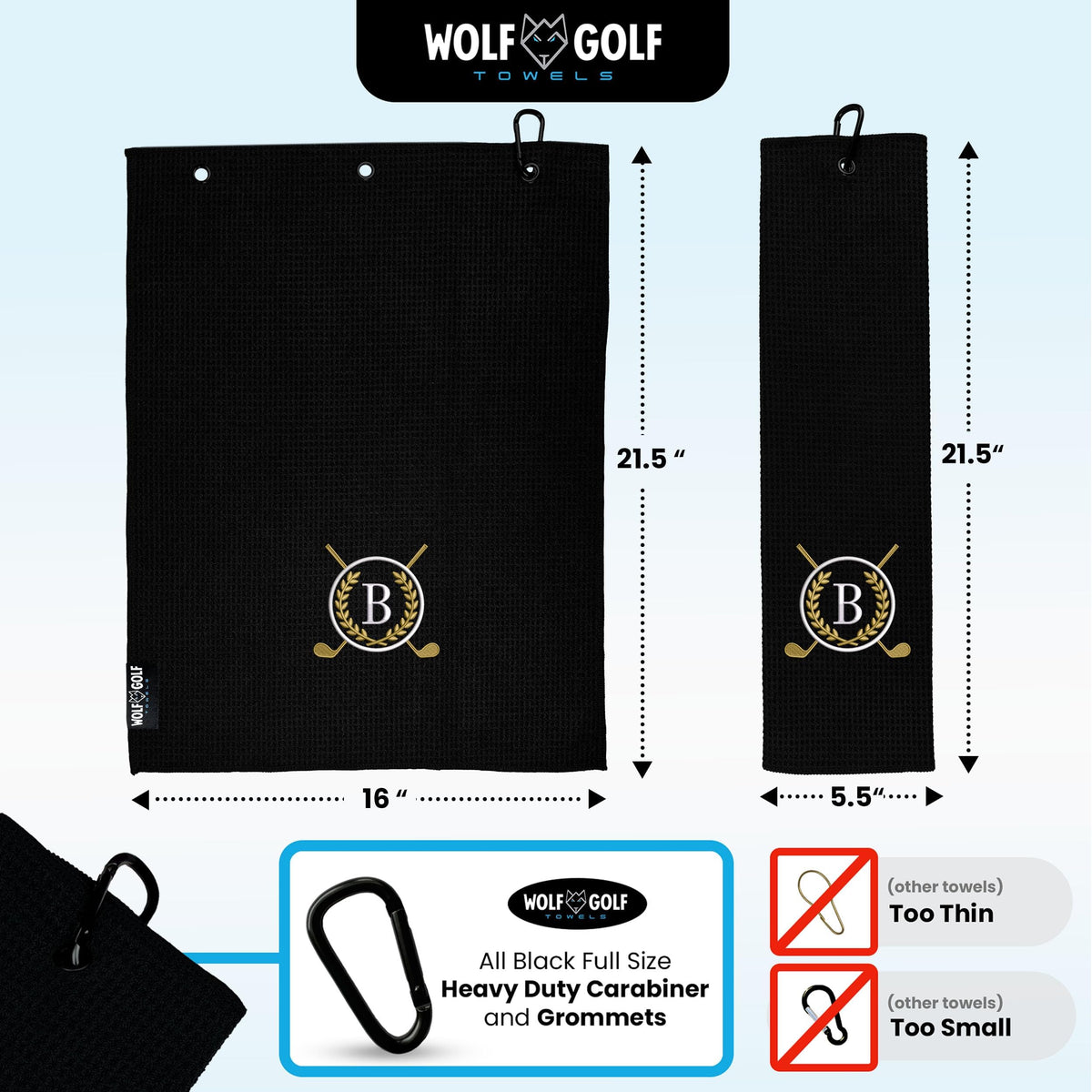 Wolf Golf Towels Monogrammed Personalized Golf Towel | Custom Golf Towels For Golf Bags For Men Or Women - B - Black