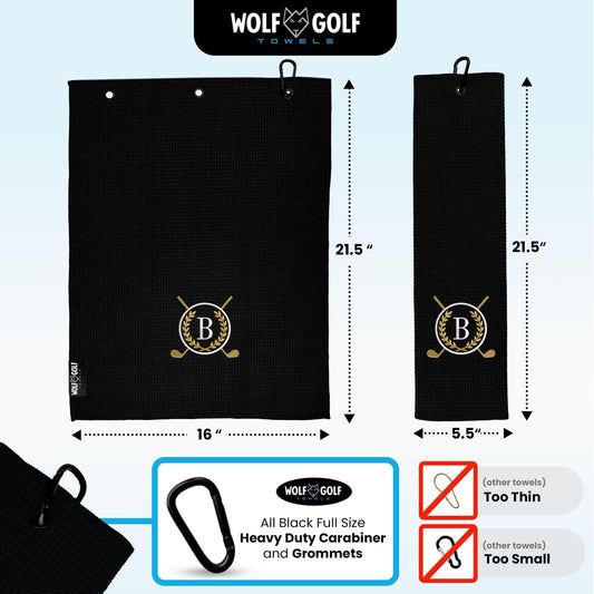 Wolf Golf Towels Monogrammed Personalized Golf Towel | Custom Golf Towels For Golf Bags For Men Or Women - B - Black