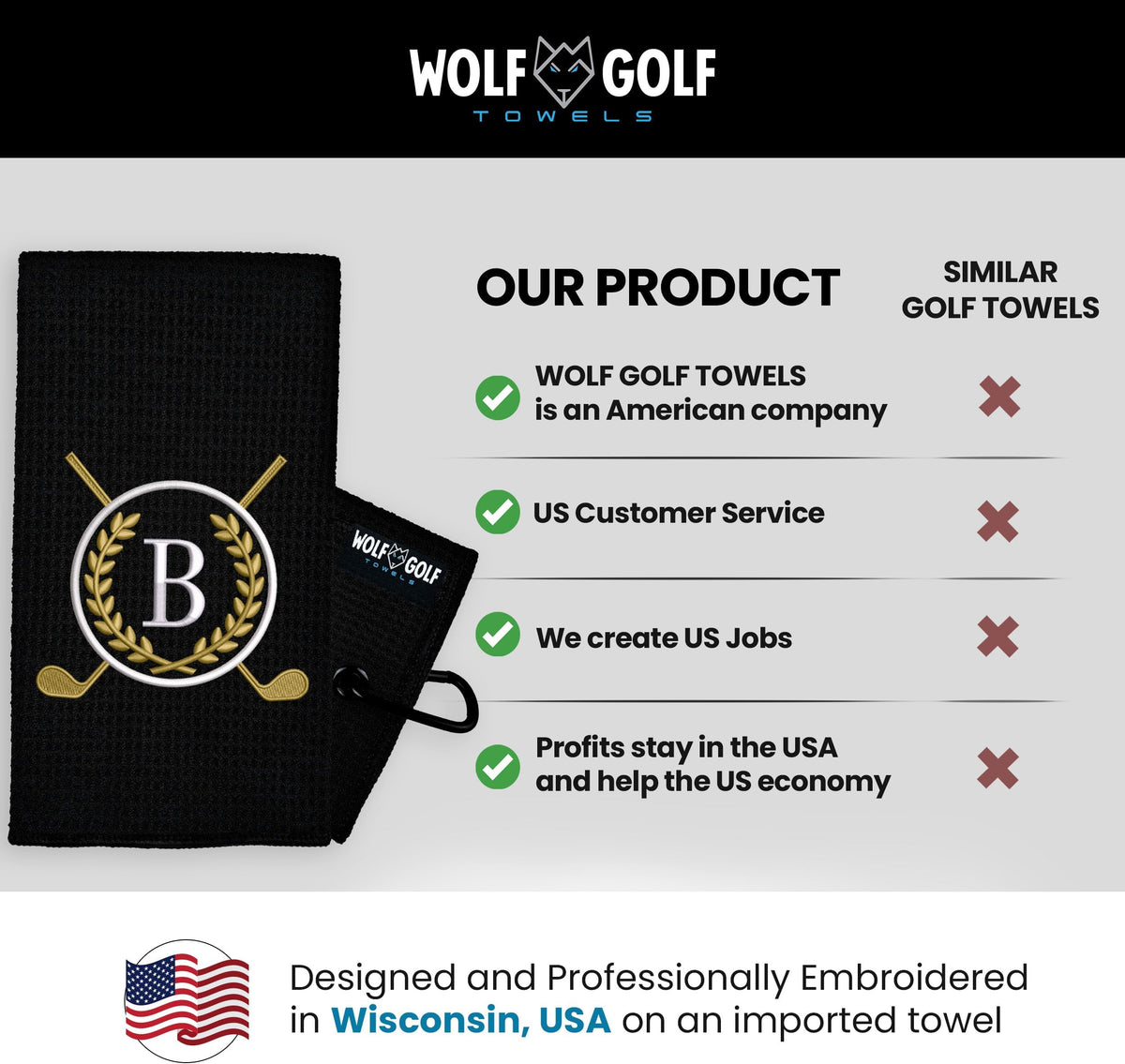 Wolf Golf Towels Monogrammed Personalized Golf Towel | Custom Golf Towels For Golf Bags For Men Or Women - B - Black