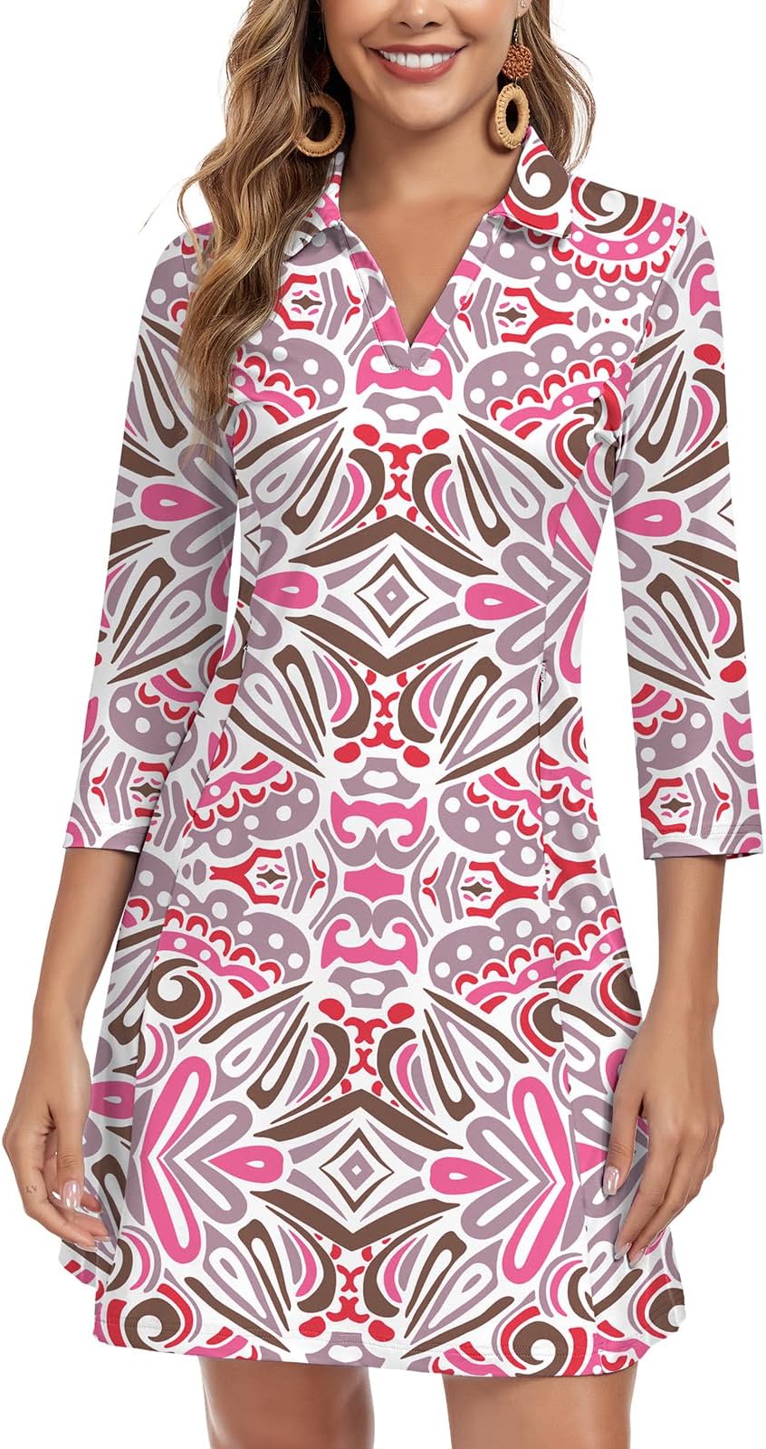 Woweny 3/4 Sleeve Dress For Women With Pockets V Neck Upf 50+ Casual Sun Dress Breathable Quick Dry Beach Vacation - Pink Pattern