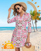 Woweny 3/4 Sleeve Dress For Women With Pockets V Neck Upf 50+ Casual Sun Dress Breathable Quick Dry Beach Vacation - Pink Pattern