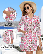 Woweny 3/4 Sleeve Dress For Women With Pockets V Neck Upf 50+ Casual Sun Dress Breathable Quick Dry Beach Vacation - Pink Pattern