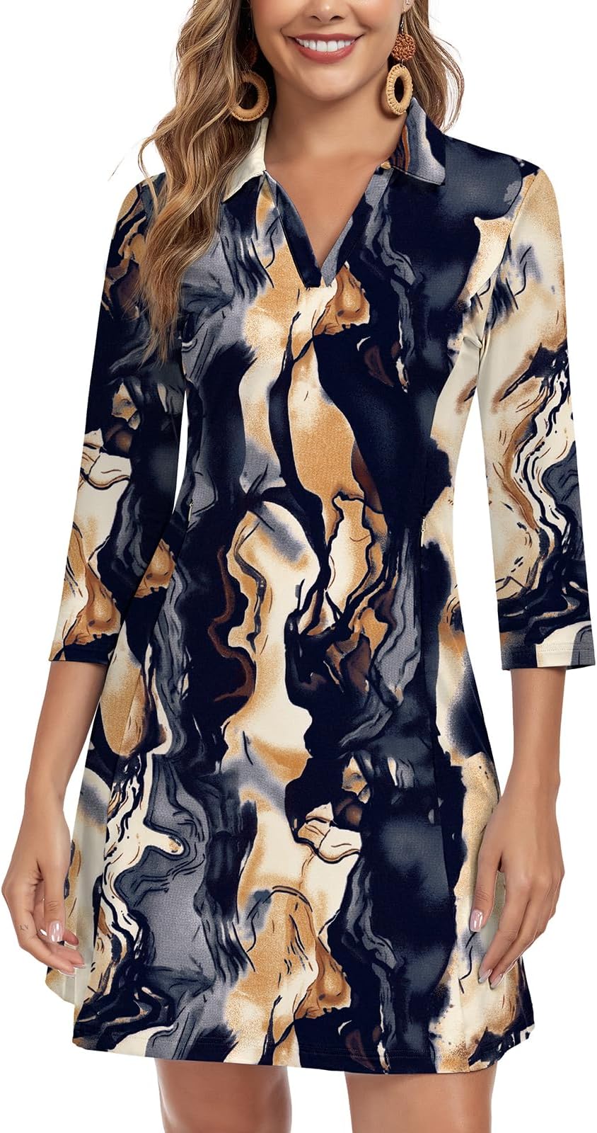 Woweny 3/4 Sleeve Dress For Women With Pockets V Neck Upf 50+ Casual Sun Dress Breathable Quick Dry Beach Vacation - Marble