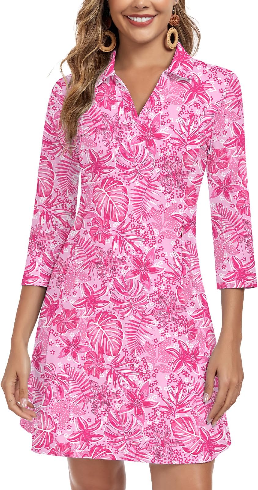 Woweny 3/4 Sleeve Dress For Women With Pockets V Neck Upf 50+ Casual Sun Dress Breathable Quick Dry Beach Vacation - Pink Floral