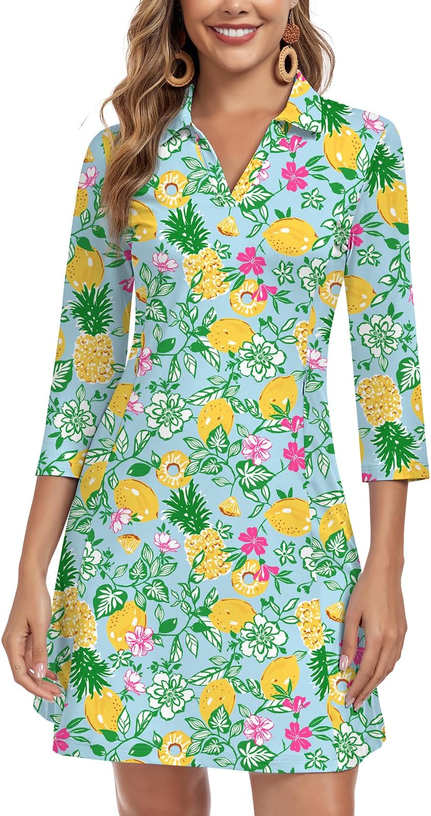 Woweny 3/4 Sleeve Dress For Women With Pockets V Neck Upf 50+ Casual Sun Dress Breathable Quick Dry Beach Vacation - Lemon Summer